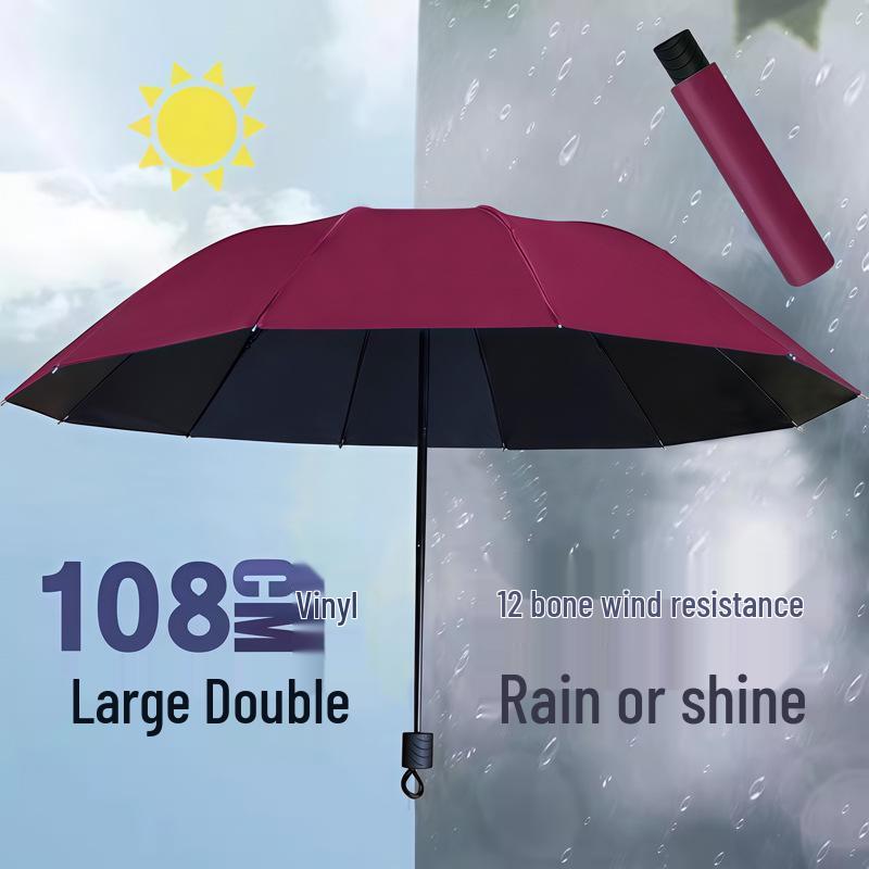 Yu Zhong Dual-Use Large Folding Umbrella for Men & Women, Sun & Rain Protection, Black Glue Shade, Perfect Gift.
