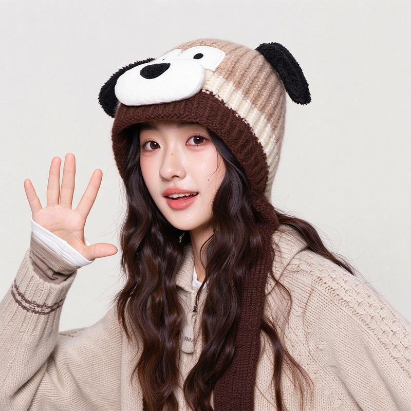 Unisex Winter Cartoon Dog Earflap Knit Beanie Warm Tie Hat