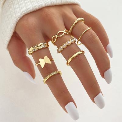Delicate Butterfly Ring Pearl Diamond Ring Glamorous Elegant Party Luxury Woman Leaf European Ring Set 8 Piece Ring