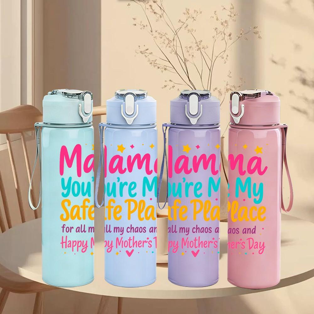 1PC Mama You Are My Safe Place Pattern 750ml Color Plastic Sports Water Bottle Leakproof Flip Straw Lid Suitable for Sports Office Home Use
