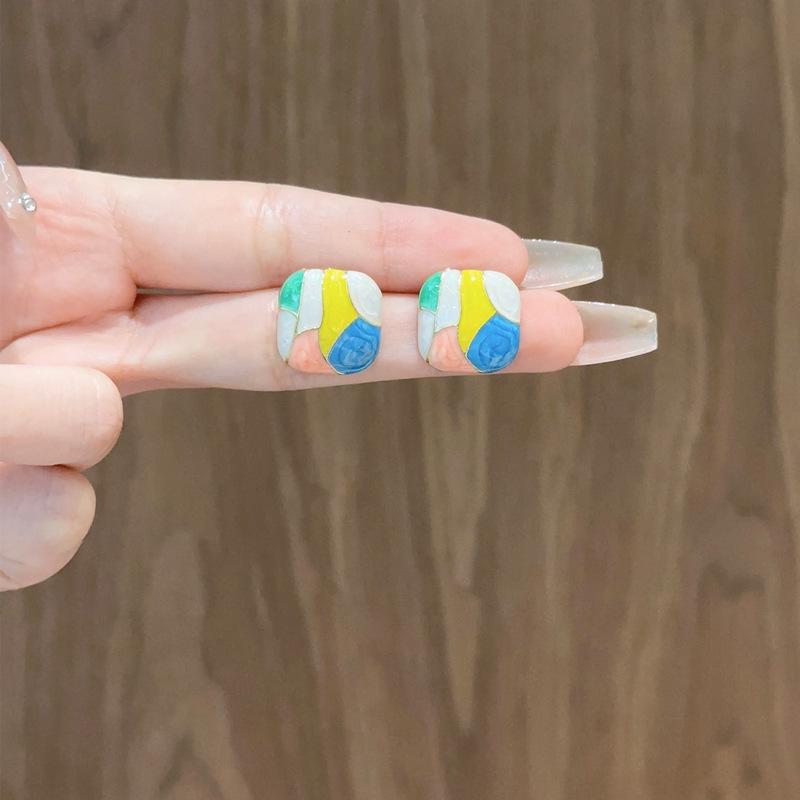 Pink Blue Grid Enamel Women's Stud Earrings Colorful Square Geometric Statement Female Bohemian Fashion Ear Zircon Brincos