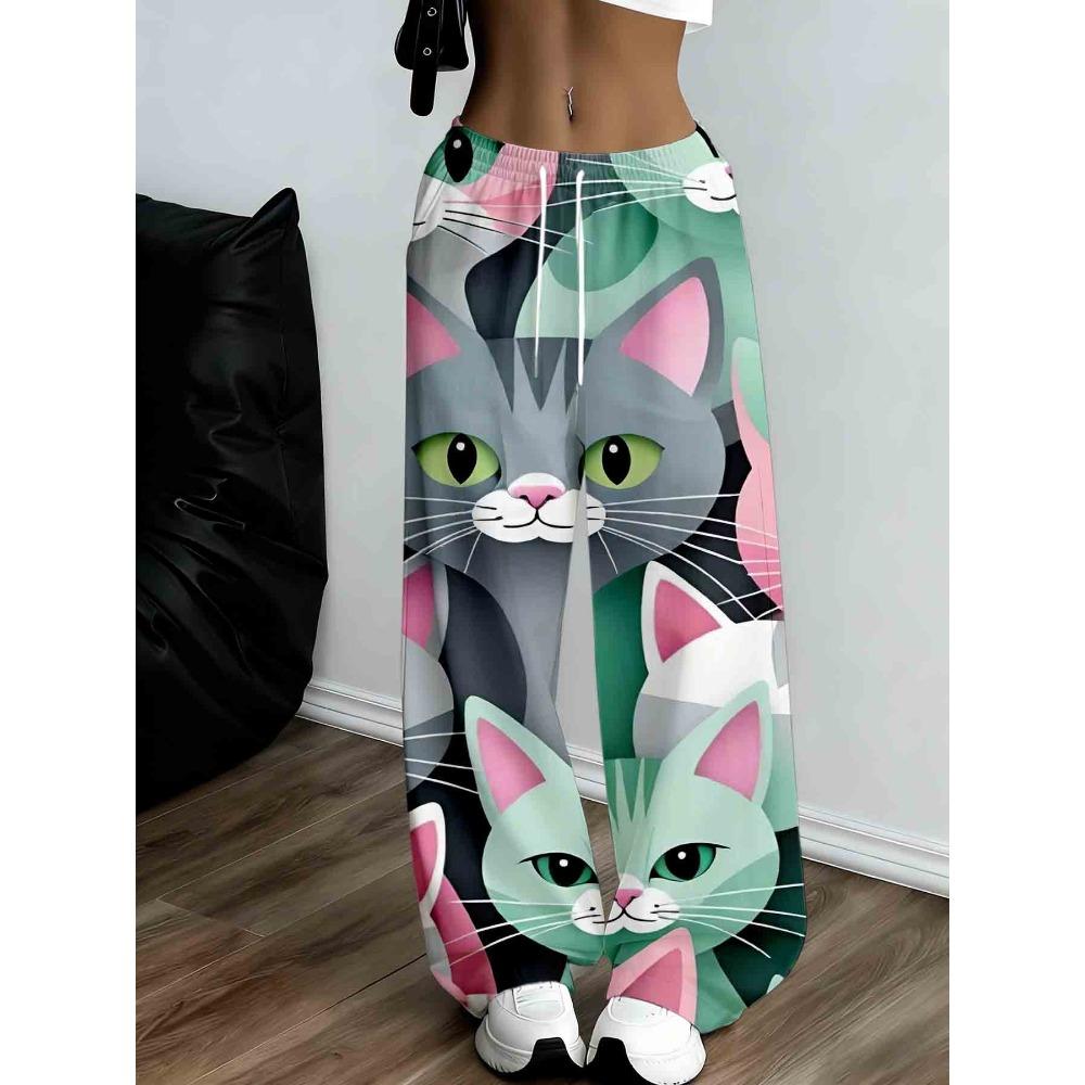 Ladies Cat Printed Sweatpants - Loose Version Jogging Belt Kitten Pattern