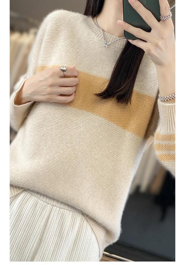 Women's Pure Wool Color Block Round Neck Sweater - Long Sleeve, Loose Fit, Autumn/Winter Knit Top