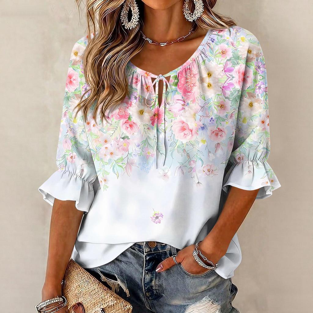 Women's Retro Floral Print Blouse with Ruffle Three-Quarter Sleeves and Tie Front