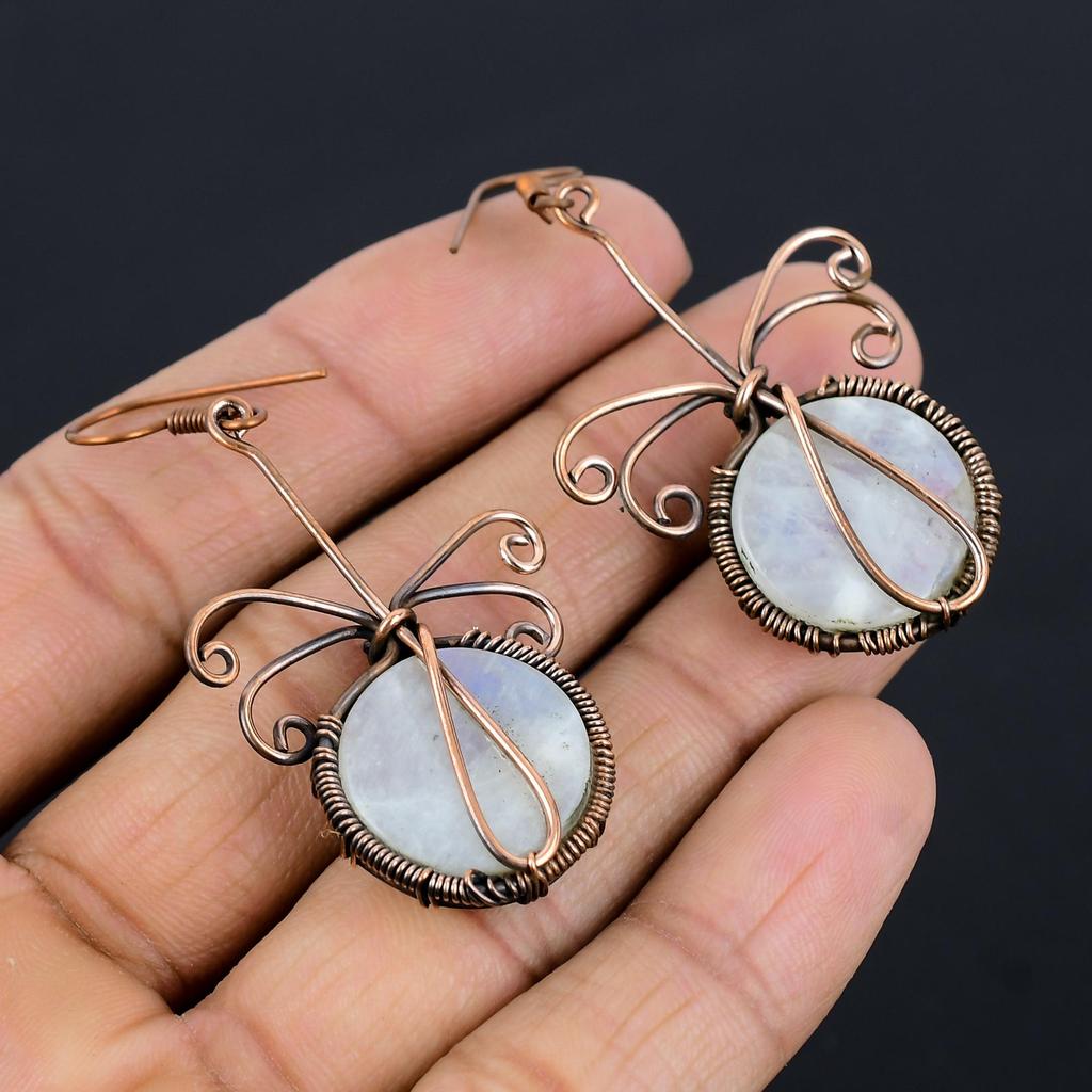 Moonstone Earrings, 999 Copper Wire Wrapped Jewelry, Gemstone Earrings, Gift For Her Handmade Dainty Jewelry