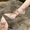 Bow-shaped Rhinestone Pointed-toe High Heels, 2025 Summer New Style One-strap Sandals, French Slippers for Women