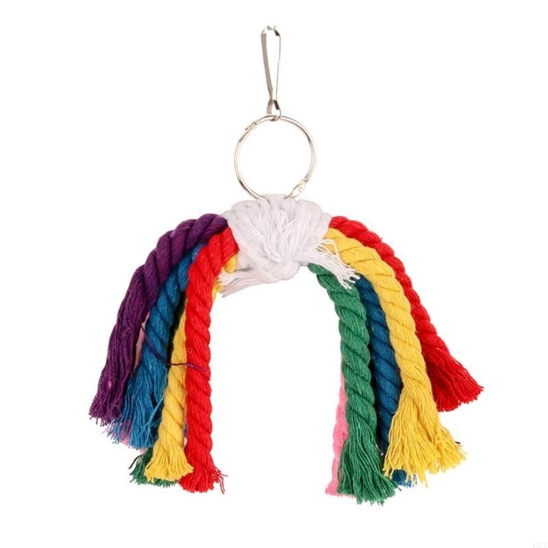 Rainbow Color Cotton Rope Bird Chewing Toy for Parrots Hanging Cage Rope Toy X3UC