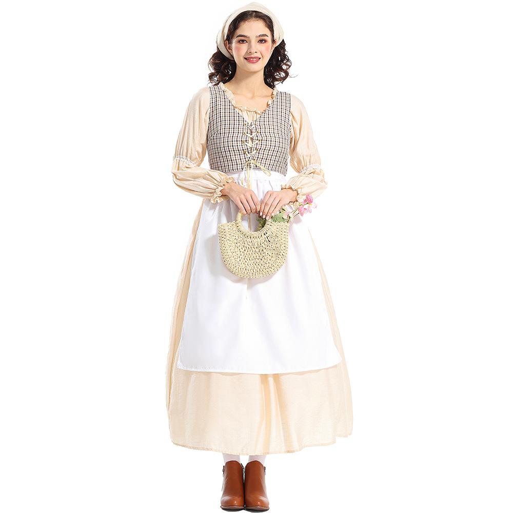 

Adult Women Grassland Colony Dress Renaissance Victorian Medieval Dress Gown Apron Halloween Cosplay Costumes Role Play Outfit XXL абрикосовый