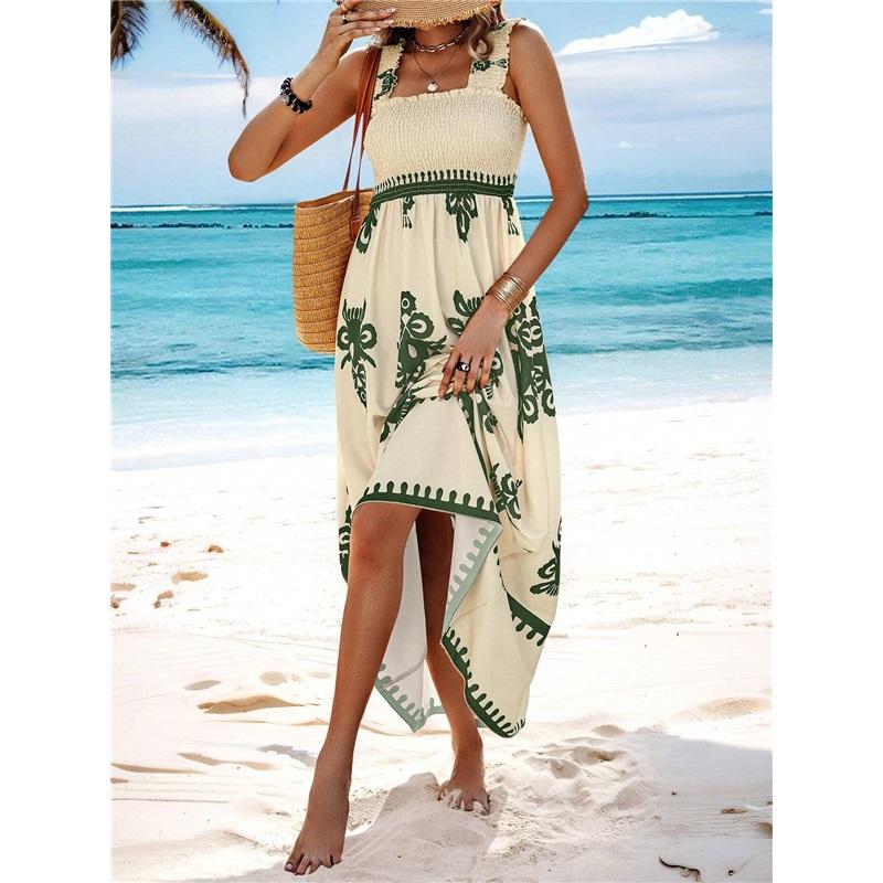 Summer New Style Women's Ladies Dress Printed Front Cross Sleeveless Loose Casual Beach Dress