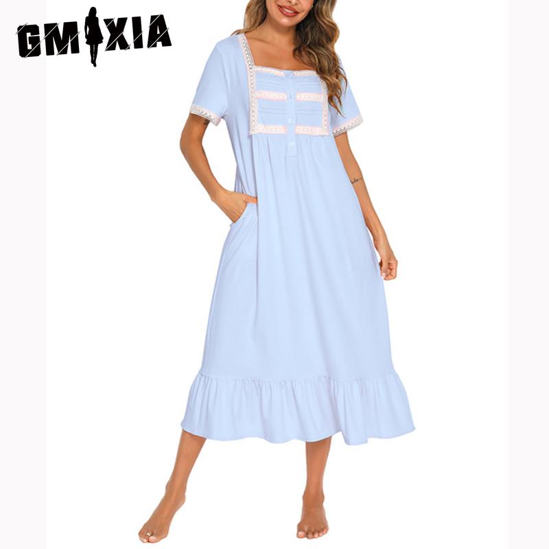 

GMXIA Весенне-летние пижамы с коротким рукавом, платья принцесс, ночные рубашки, платья, домашняя одежда XXL небесно-голубой