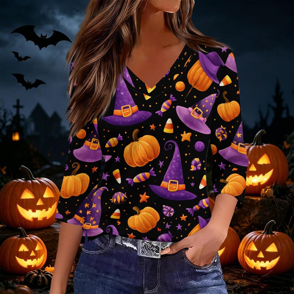 Women's Casual Halloween Print V Neck Top Three Quarter Sleeve Lightweight Blouse for Seasonal Wear