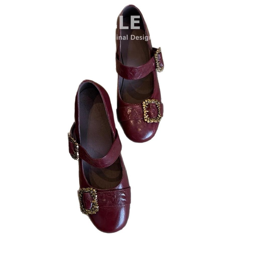 Leather Red French Single Shoes Women Are Beautiful, Not Tired, High Heels, Thick Heels, Retro One-word Buckle Mary Jane Shoes