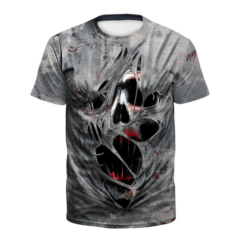 Summer Halloween skull digital printed shirt, men's and women's plus size crew neck short sleeves