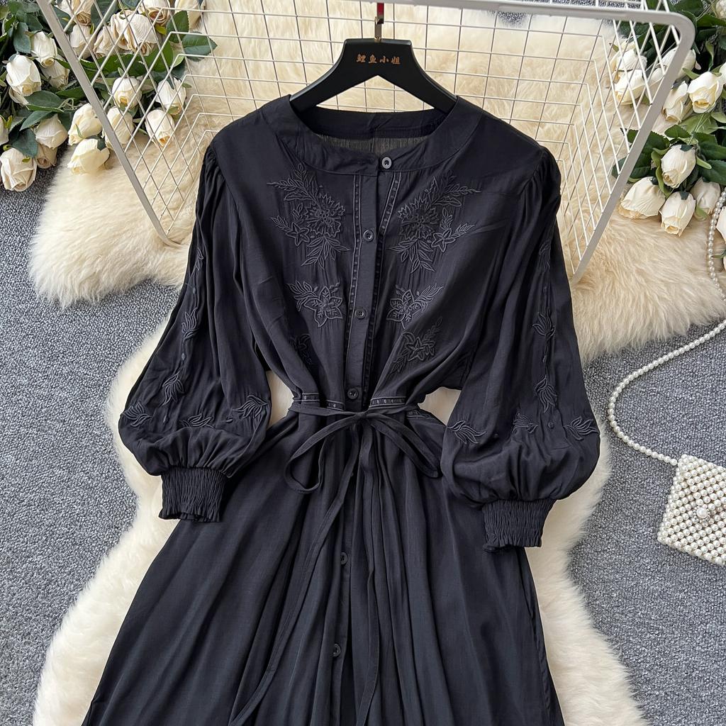 Vintage Elegant Embroidered Button Dress A-line Chic Casual Beach Vacation Women Summer Dresses