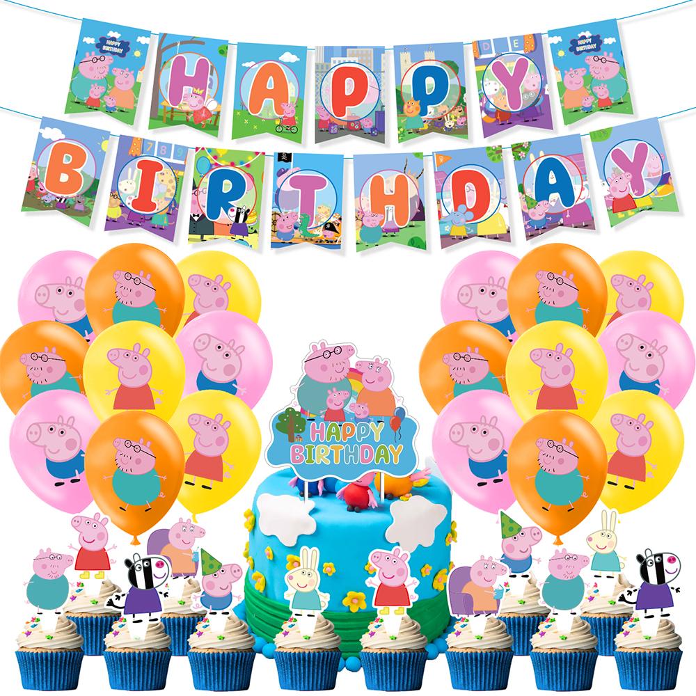 32pcs Peppa Pig Party Supplies Include Banner, Cake Topper, Balloons for Kids