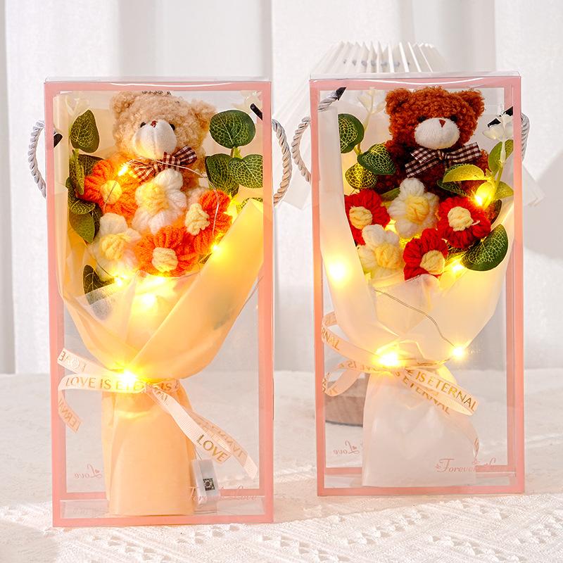 Handmade Crocheted Bear Flower Bouquets Hand-Woven Rose Flower Bouquets Finished Producted Valentine Day Girlfriend Lovers Gift