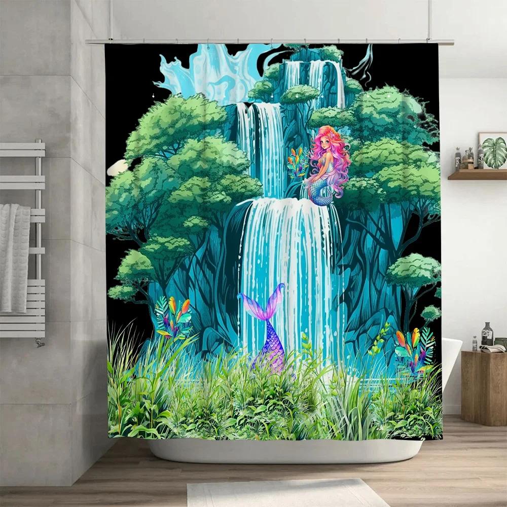 Colorful Mermaid Shower Curtain Waterfall Bathroom Decor with Tropical Plants