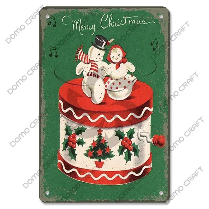 Retro Christmas Decor Vintage Metal Tin Sign with Cake Music Box Christmas Tree for Bakery Candy Shop Home Wall Art