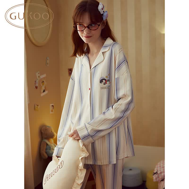 Gukoo Pure Cotton Striped Lapel Couple s Pajama Set M
