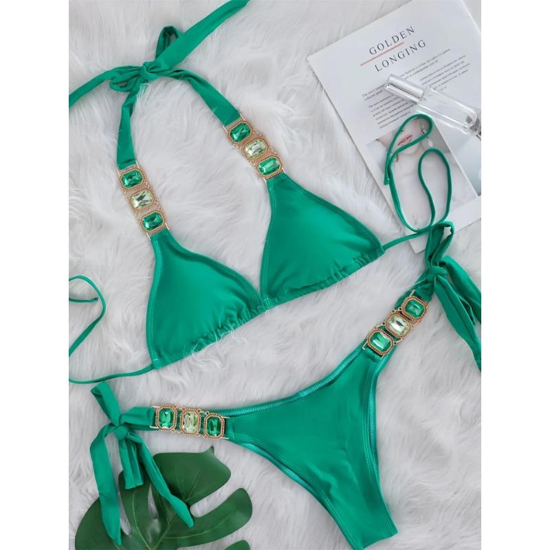 Sexy Rhinestone Bikini Set Women 2025 Luxury Pink Crystal Diamond Push Up Bandage Thong Swimsuit Beach Bathing Suit Swimwear