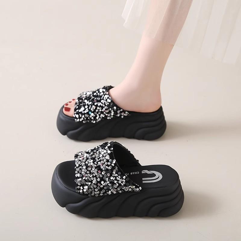 Platform Sandals Half Slippers Women's Summer Wear New Sequined Muffin Bottom Women's Word Cool Slippers