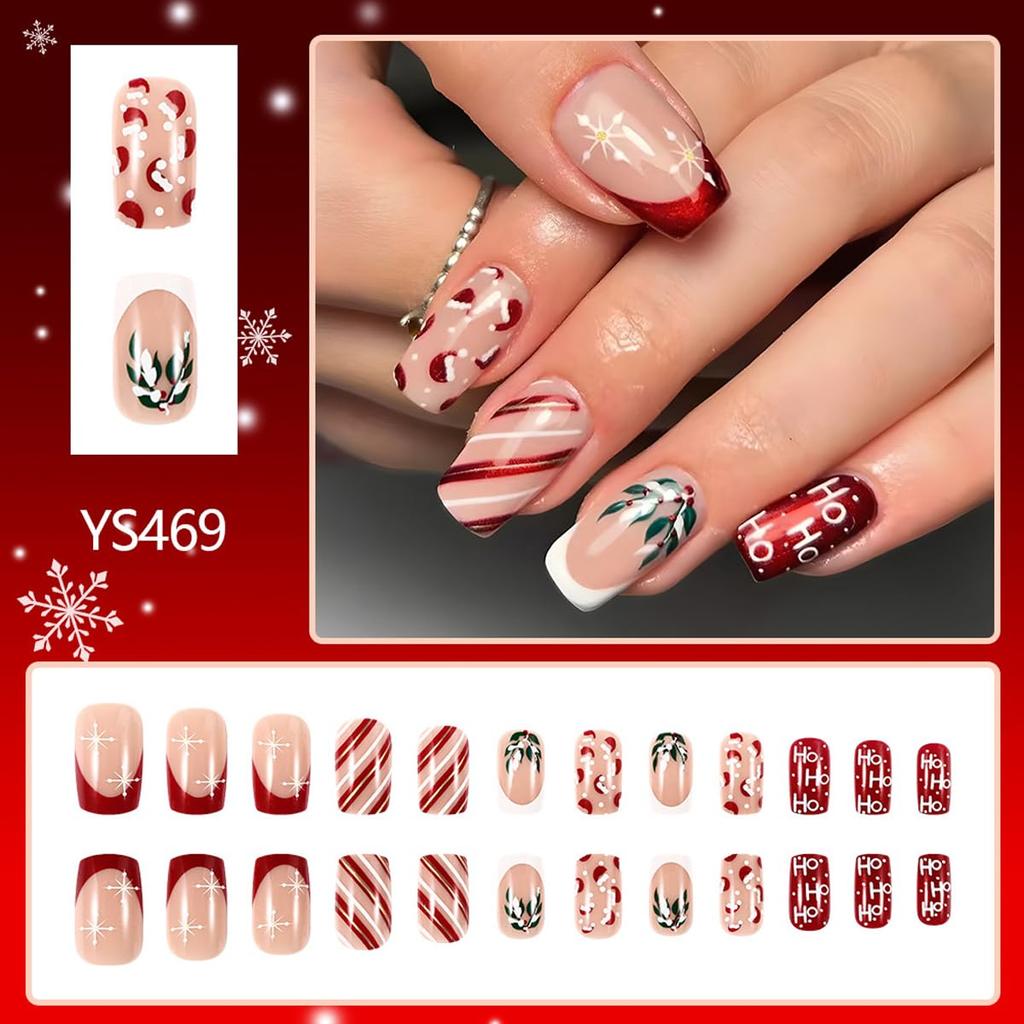 Christmas Press on Nails Medium Square Fake Nails Xmas Nails Press ons with Winterberry,Candy Cane,Snowflake,Santa Hat Design Reusable Artificial