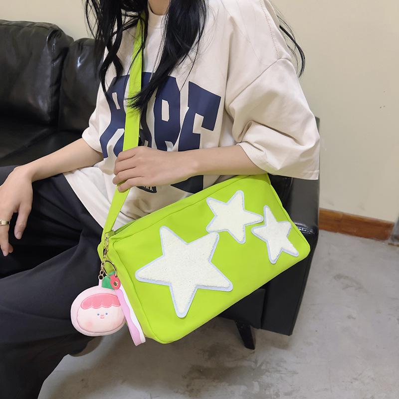 Japanese Cartoon Small Bag Women's New 2025 Mori Fashion Star Splicing Grid Personalized Shoulder Crossbody Small Square Bag