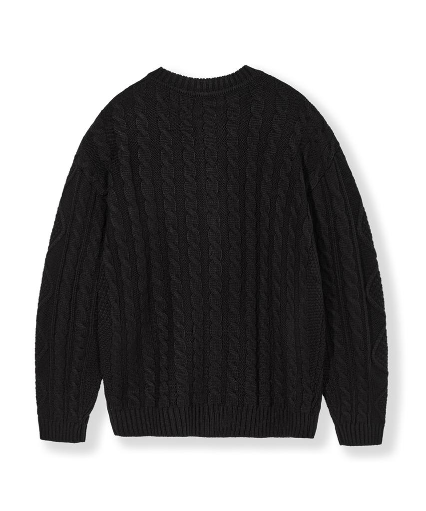 Nodu Fisherman Cable Round Neck Semi-Oversized Long Sleeve Knit Cable Knit Cardigan [Black]