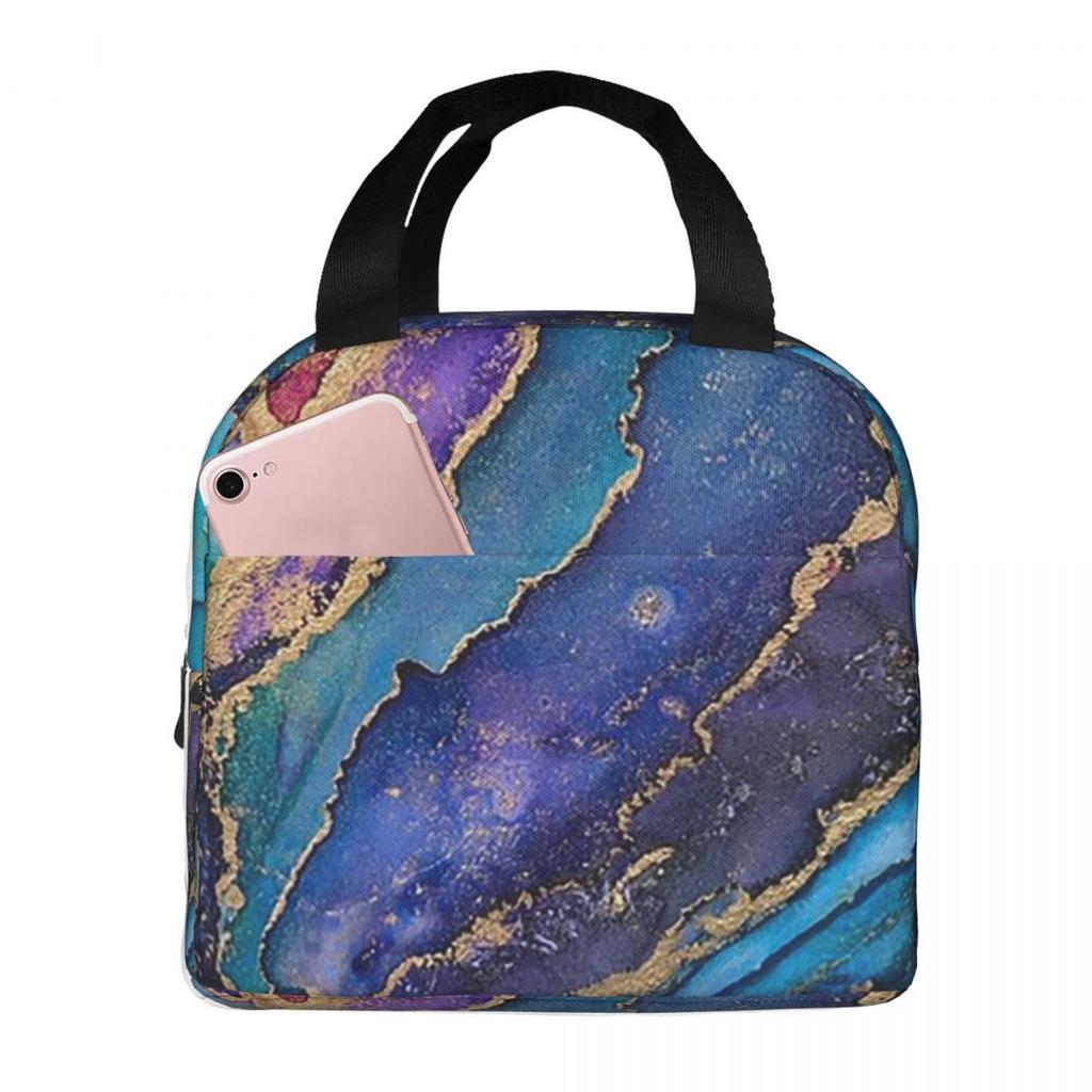 Blue Purple Gilded Luxury Gold Marble Insulated Lunch Bag for Women Cooler Thermal Food Box Tote Portable Lunch Boxes Container