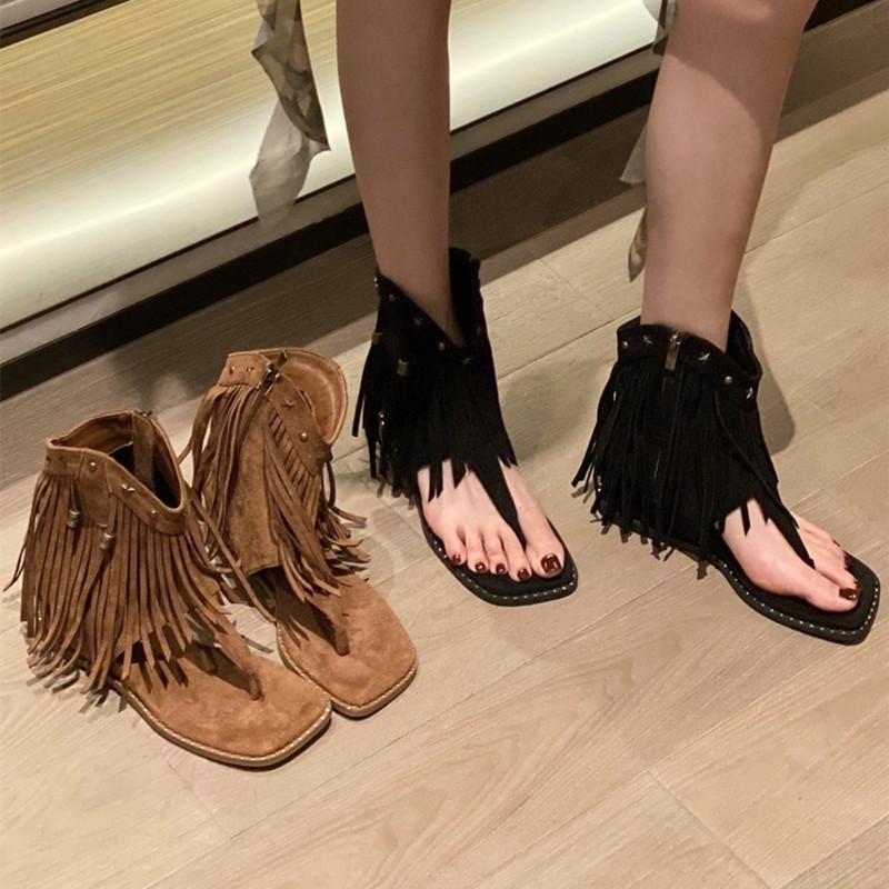 Fashion Metal Rivet Zipper Women Flip-flops Fashion Fringe Flat Designer Sandals Summer Simple Comfortable Non-slip Women Roman Shoes