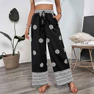 Women's Ethnic Printed Straight Trousers Elastic Waist Drawstring Casual Comfort Straight Pants
