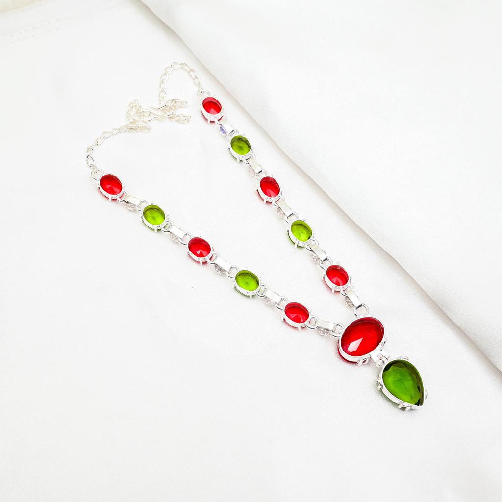 Red Garnet, Peridot Jewelry, 925 Solid Sterling Silver Necklace, Handmade Gemstone Jewelry Necklace For Memorial Day