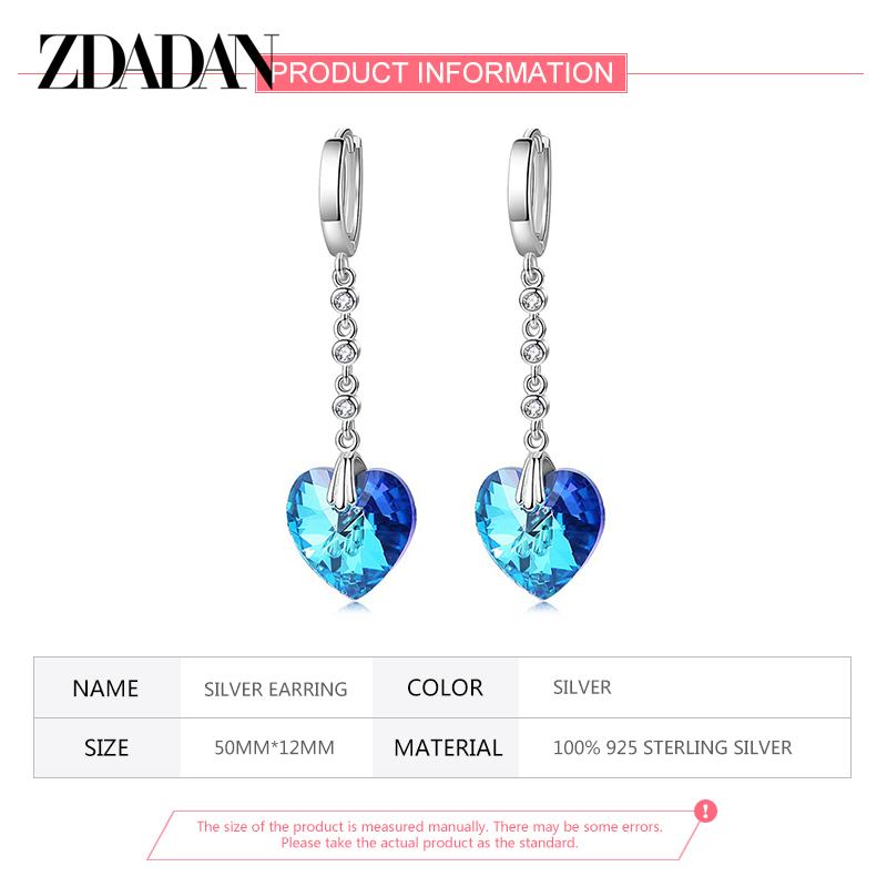 ZDADAN 925 Silver Heart Blue Crystal Earrings For Women Wedding Jewelry Charm Gift