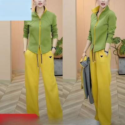 Spring Fashion Casual Sportswear Set - Elegant Stand-up Collar Long-sleeved Top, Straight-leg Pants - Two-piece Set
