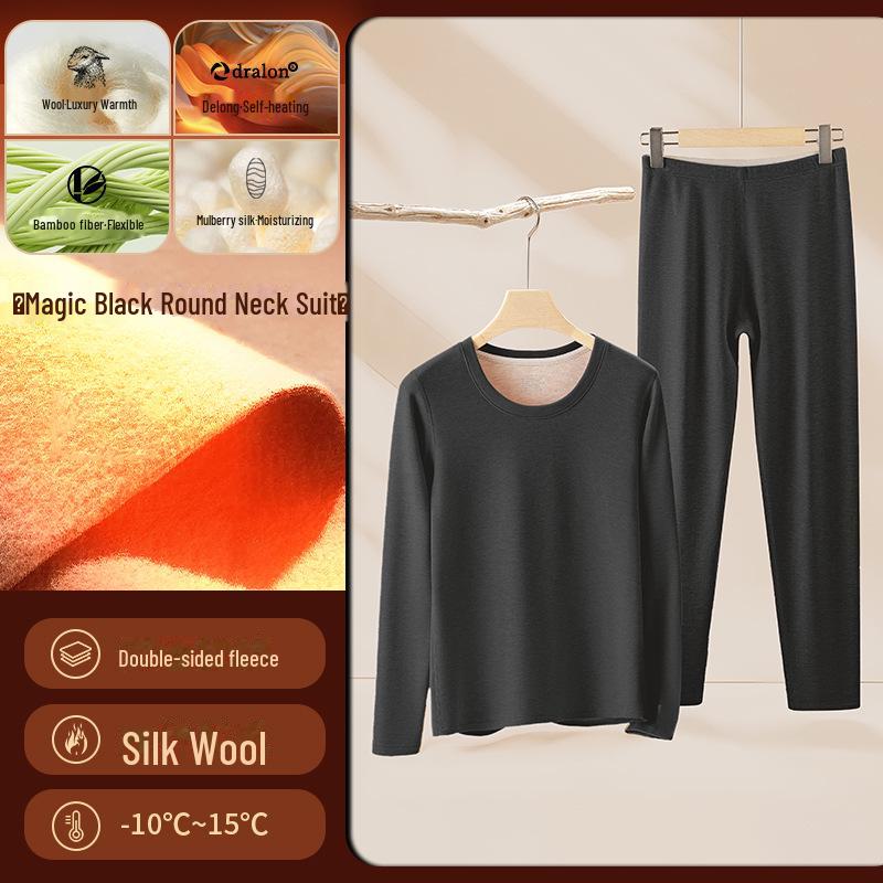 Women's Silk Wool Thermal Underwear Set for Autumn/Winter - Plus Velvet, Thick Bottom