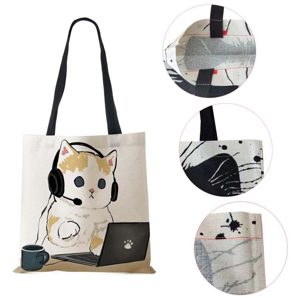Cat Cartoon Canvas Shoulder Bag Women Print Harajuku Casual Shopping Tote Bag Reusable Large Capacity Folding Handbag CLE