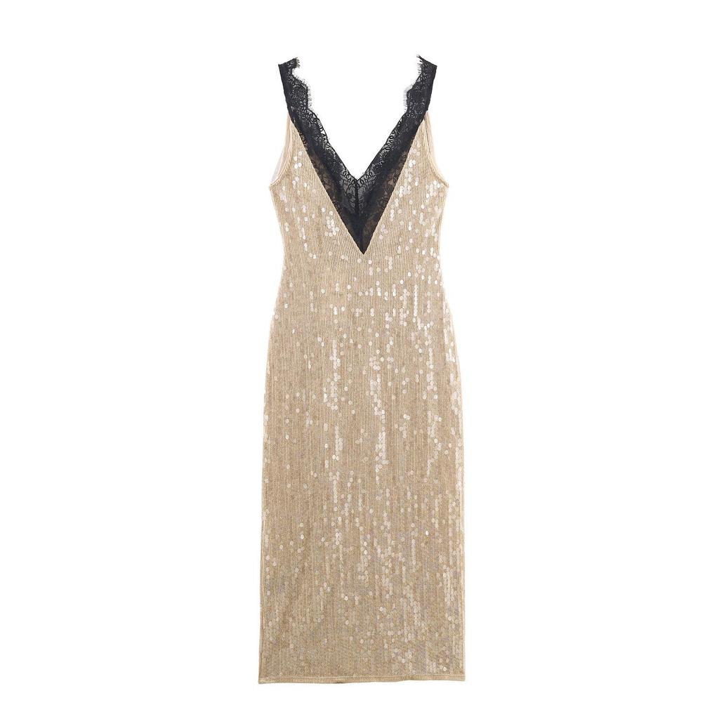 European American Women's Fashion Sequin Lace Dress