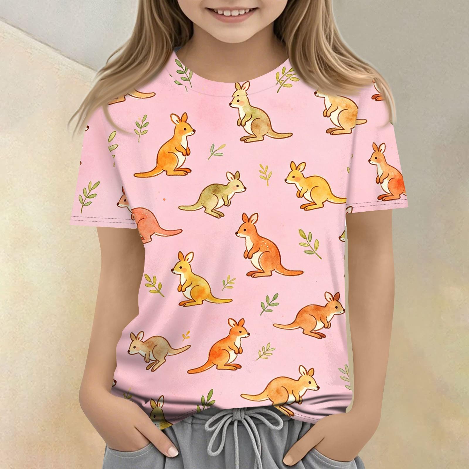 

Kids Animal Print Crew Neck Short Sleeve Casual Loose Fit T Shirt Lightweight Soft Fabric Comfortable Everyday Wear 130 розовый