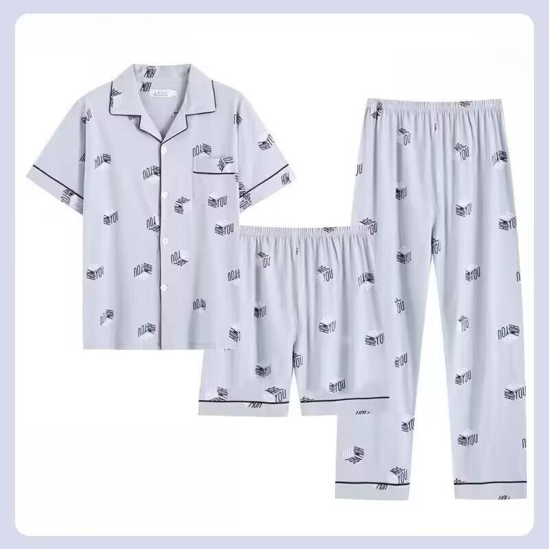 Pigiama da Uomo Abbigliamento da Casa Tre Pezzi Cotone da Uomo Primavera e Estate Maniche Corte Pantaloncini Pigiama Leggero Set Abbigliamento da Casa