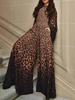 2025 Spring/Autumn Leopard Print Round Neck Jumpsuit with Flared Sleeves for Women