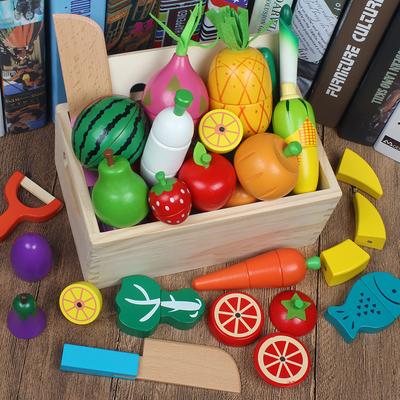 Wooden Magnetic Children's Educational Playhouse Toys, Simulated Fruit Cutting Games, Vegetable Cutting Music Building Blocks