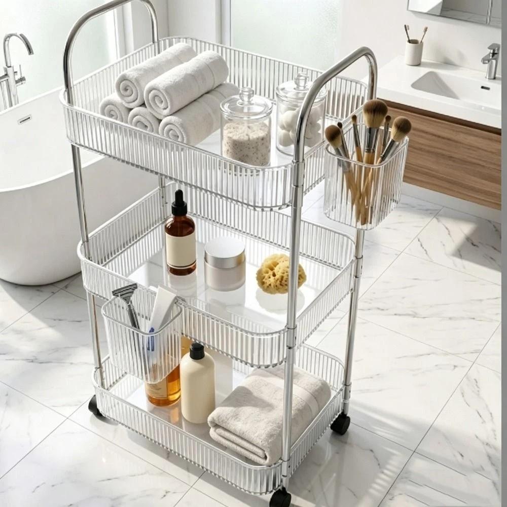 Clear Box Mobile Trolley Storage Cart 3 Tier Home Organize Multi Layer Storage Rack Large Capacity Multi-functional