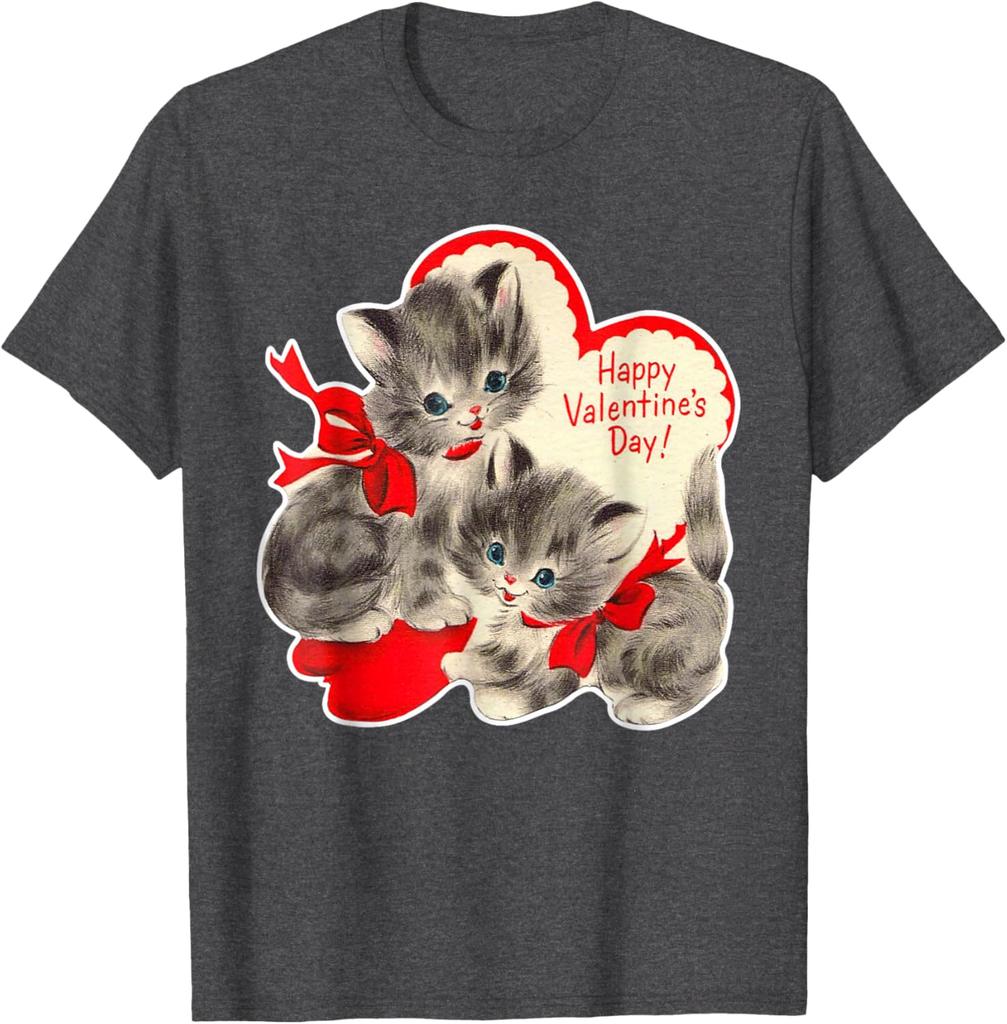 Vintage Kitten Valentine Graphic T-Shirt Retro Holiday Print Soft Cotton Casual Daily Tee