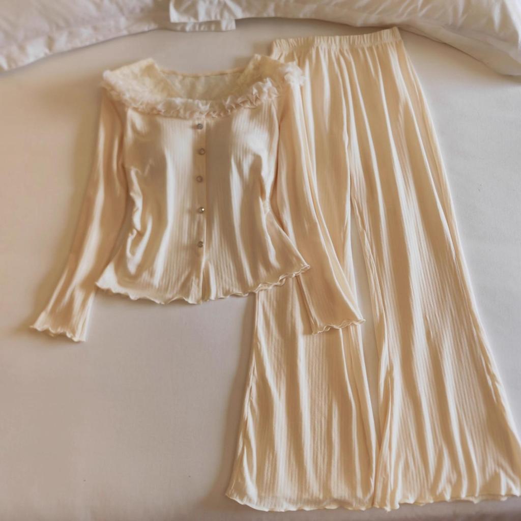 Women's French-Inspired Long-Sleeve Modal Cotton Homewear with Chest Pads