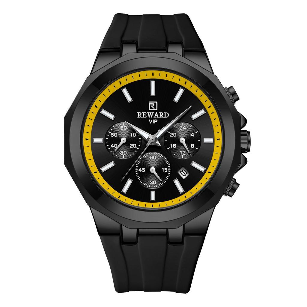 Men's Quartz Watch with Silicone Band, Multifunctional Design, Three Subdials, Six Hands, and Calendar.