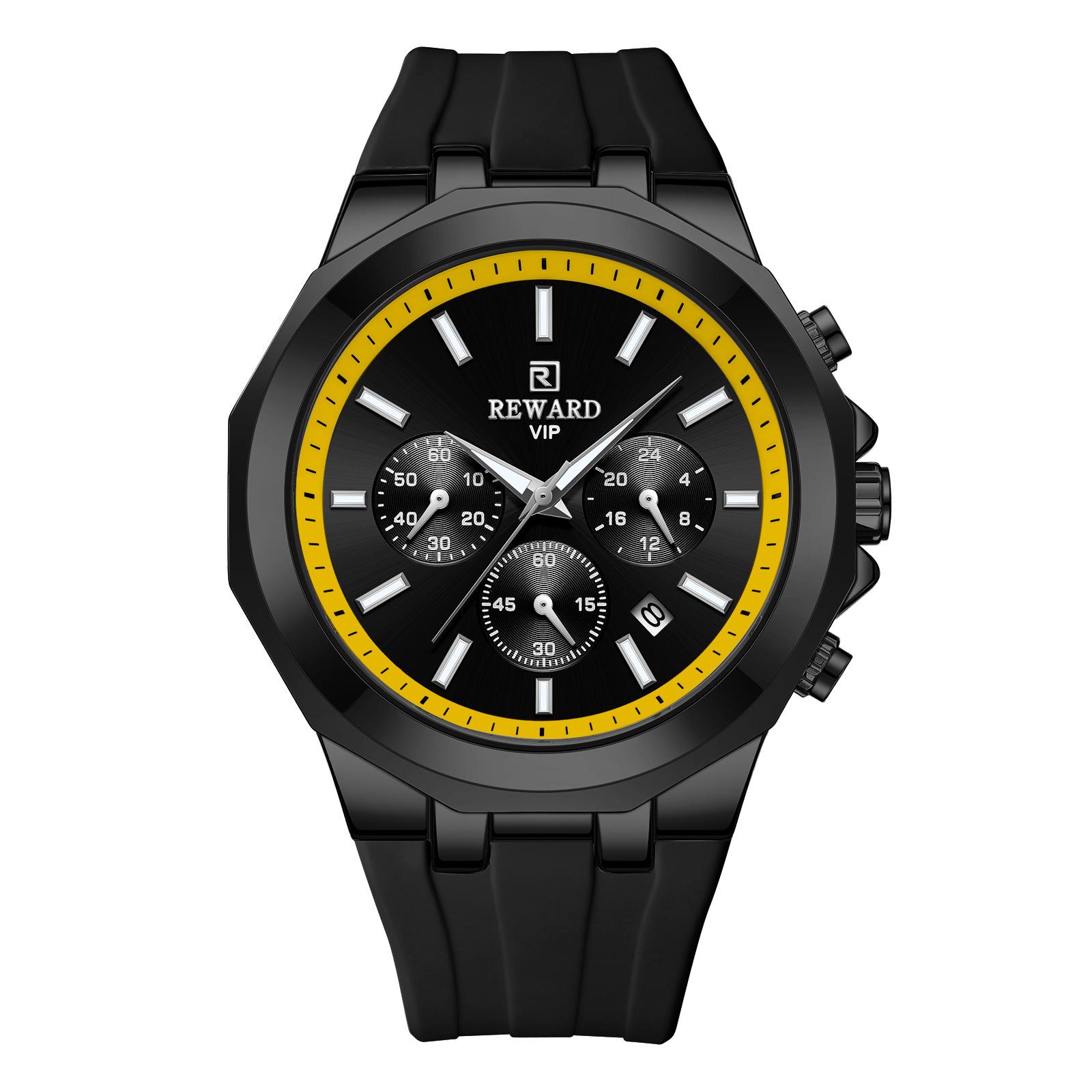 

Men s Quartz Watch with Silicone Band, Multifunctional Design, Three Subdials, Six Hands, and Calendar.