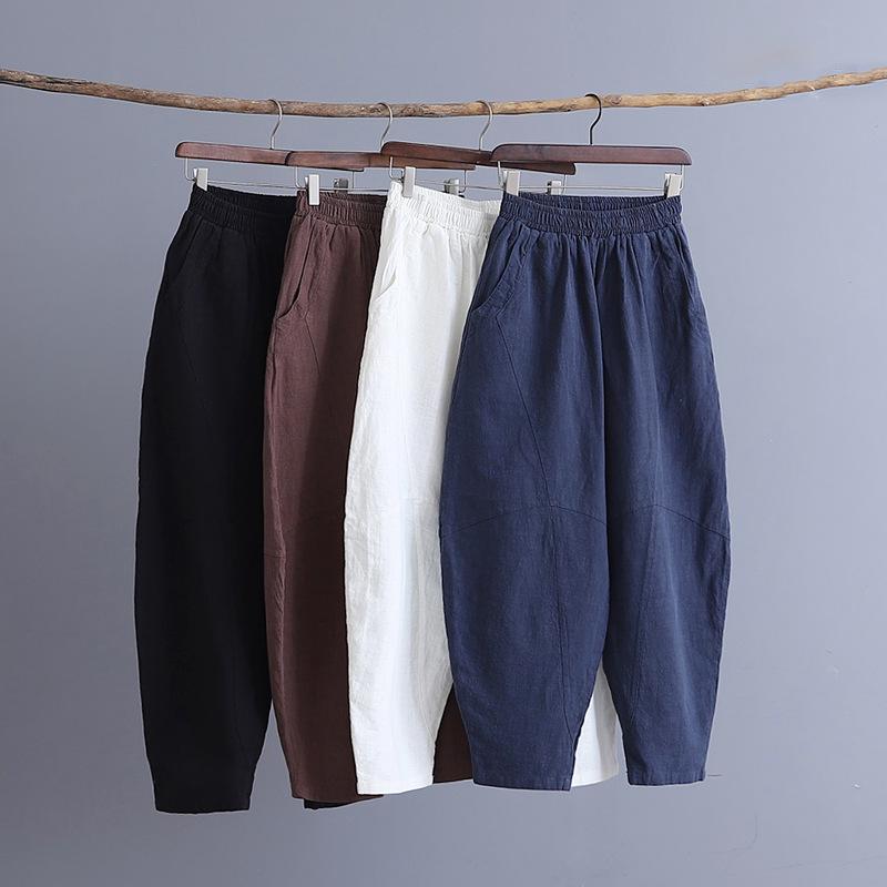 2025 Podzim Dámské Nadměrné Velikosti Retro Lněné Kalhoty na Jógu - Sešívané, Jednobarevné, Styl Zenové Meditace