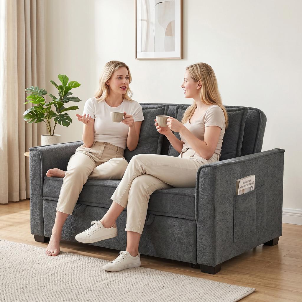 Sofa Bed, 3-in-1, 2-Seater, Adjustable Backrest, Side Pockets, 2 Pillows, Dark Gray