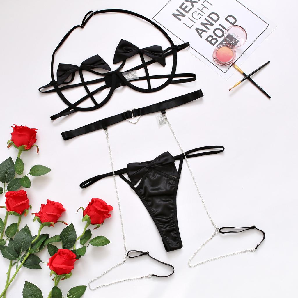European and American new sex underwear sexy women's three-point bow garter sex suit