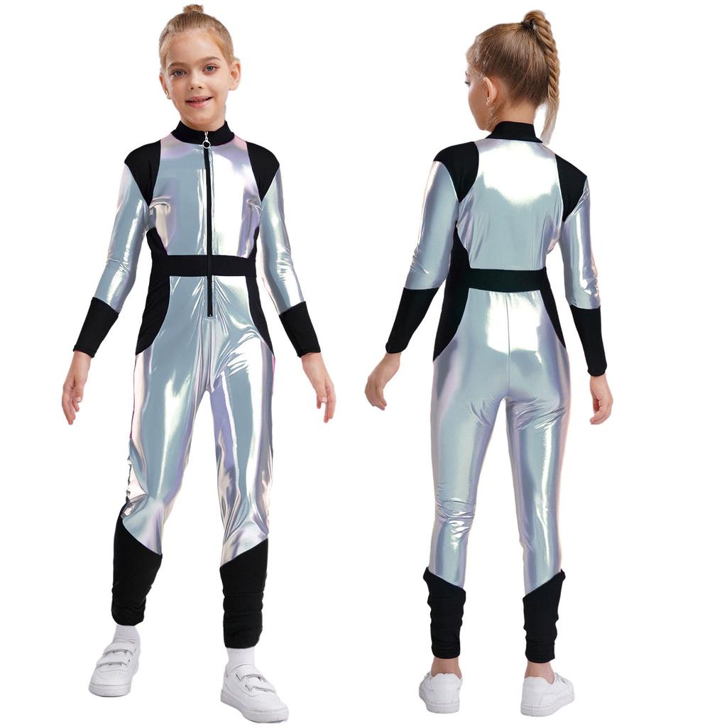 Kinder Halloween Außerirdischen Cosplay Overall: Langärmeliger Hochtaillierter Glänzender Metallischer Reißverschluss Sportlicher Body für Rollenspiele